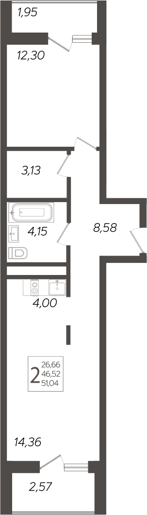 2-комн., 46.52 м², 10/19 этаж, ЖК «Кислород»