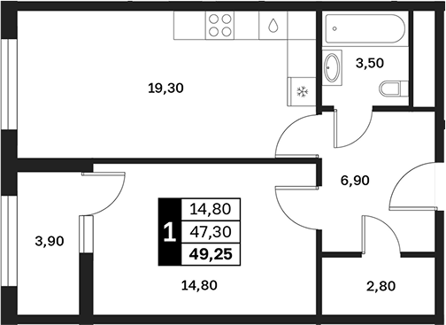 1-комн., 47.3 м², 7/15 этаж, ЖК «Аксис Патриот»