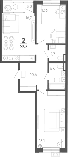 2-комн., 65.3 м², 7/15 этаж, ЖК «Барса»