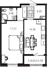 1-комн., 42.22 м², 2/9 этаж, ЖК «Суворов»