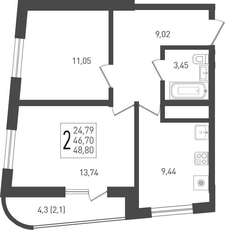 2-комн., 49.1 м², 2/24 этаж, ЖК «ЖК «Кубанская Крепость»»