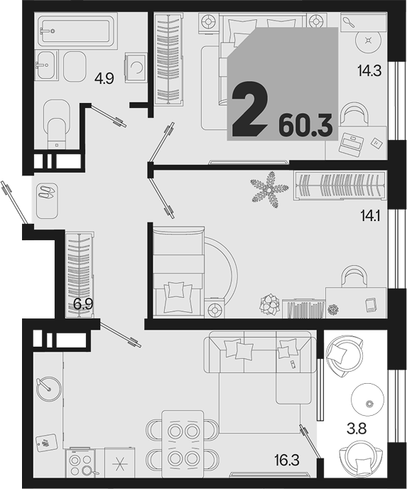 2-комн., 56.5 м², 9/18 этаж, ЖК «Первое место»