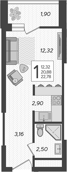 Студия, 20.88 м², 18/19 этаж, ЖК «Кислород»