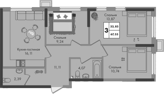 3-комн., 67.53 м², 4/9 этаж, ЖК «Зеленая территория»