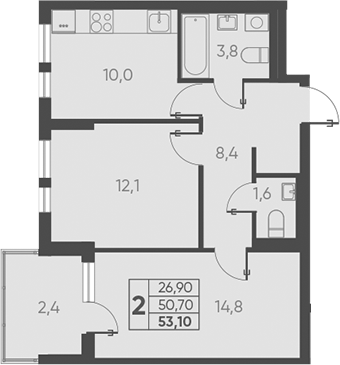 2-комн., 50.7 м², 9/15 этаж, ЖК «Барса»