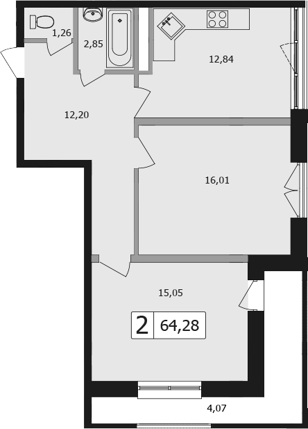 2-комн., 60.21 м², 16/16 этаж, ЖК «Жемчужина»