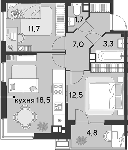 3-комн., 54.7 м², 3/9 этаж, ЖК «Парк Победы»