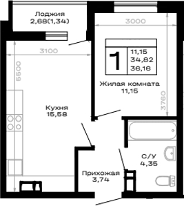 1-комн., 34.82 м², 5/16 этаж, ЖК «Горные высоты»