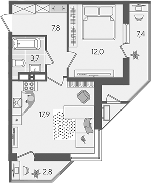 2-комн., 41.4 м², 23/24 этаж, ЖК «Рекорд»