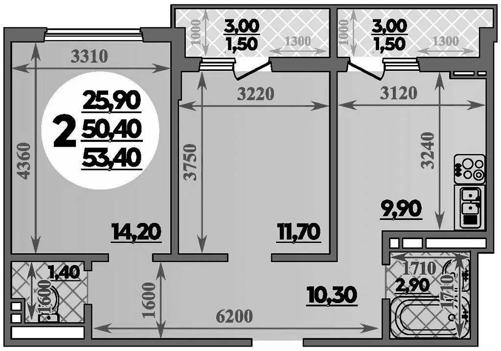 2-комн., 50.4 м², 10/18 этаж, ЖК «Парк у дома»
