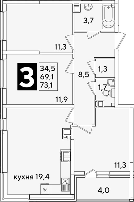 4+ комнаты, 69.1 м², 2/16 этаж, ЖК «Самолет»
