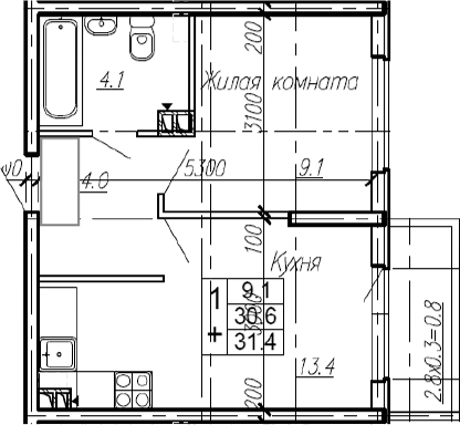 1-комн., 30.6 м², 3/4 этаж, ЖК «Эво»