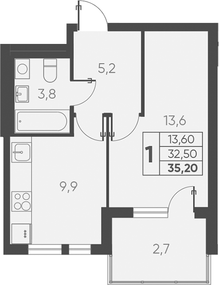 1-комн., 32.5 м², 11/15 этаж, ЖК «Барса»