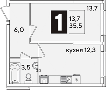 1-комн., 35.5 м², 2/16 этаж, ЖК «Самолет»