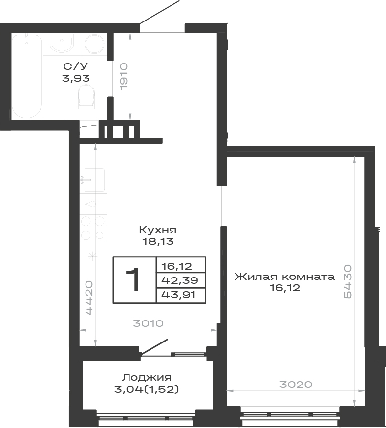 Продается 1-комн. квартира, 42.39 м²