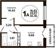 1-комн., 33.57 м², 21/24 этаж, ЖК «Гулливер»