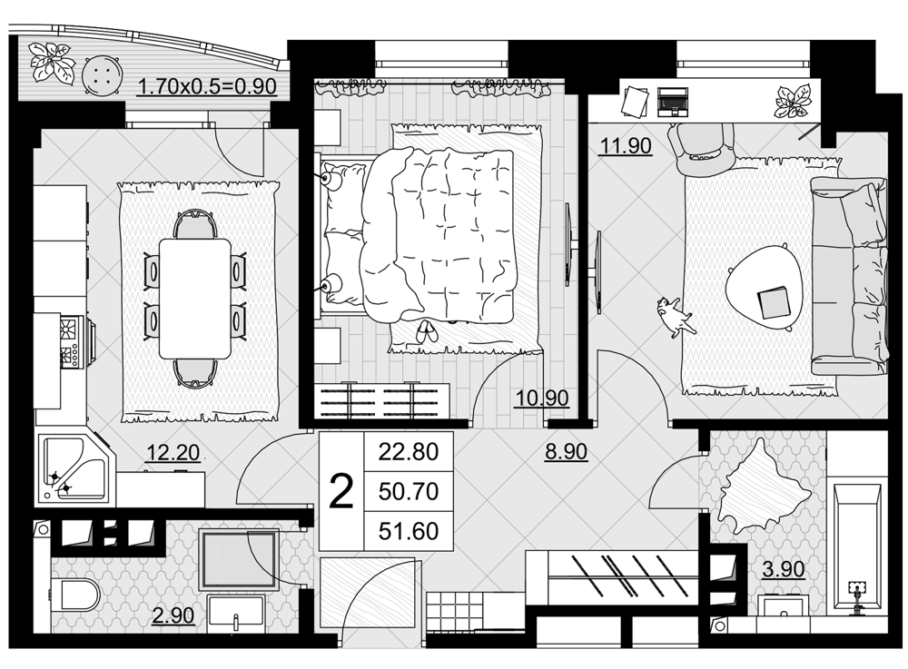 2-комн., 50.7 м², 8/9 этаж, ЖК «Песчаный»