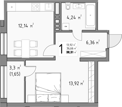 1-комн., 36.66 м², 5/9 этаж, ЖК «Коллекция»