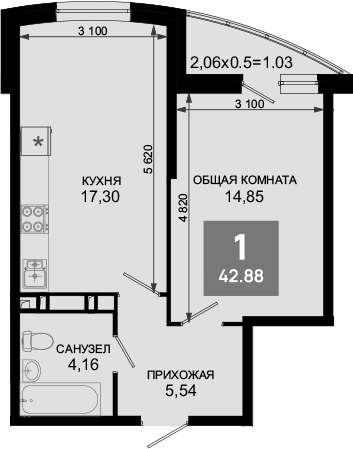 2-комн., 41.85 м², 2/19 этаж, ЖК «Лучший»
