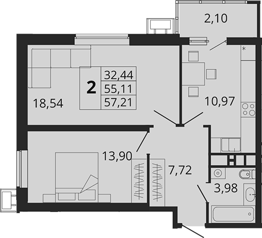 2-комн., 55.11 м², 14/18 этаж, ЖК «Родные Просторы»