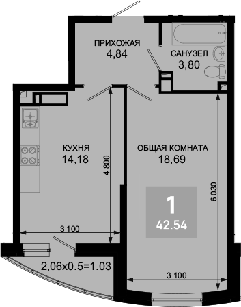 Продается 1-комн. квартира, 41.51 м²