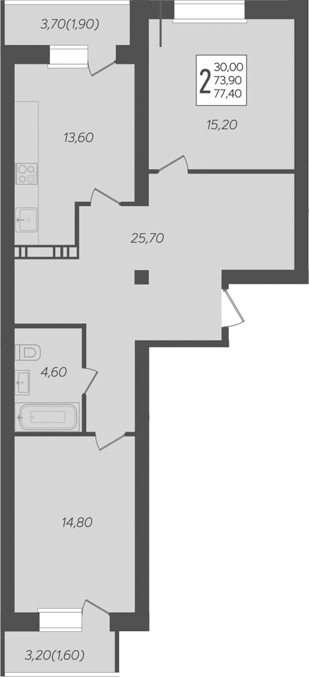 2-комн., 73.9 м², 2/6 этаж, ЖК «Ярославский»