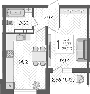1-комн., 33.77 м², 2/16 этаж, ЖК «Смородина»
