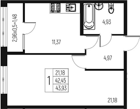 Продается 1-комн. квартира, 42.45 м²