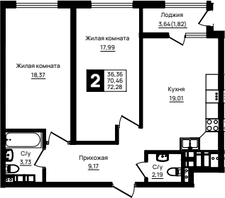 2-комн., 70.46 м², 15/18 этаж, ЖК «Резиденция морей»