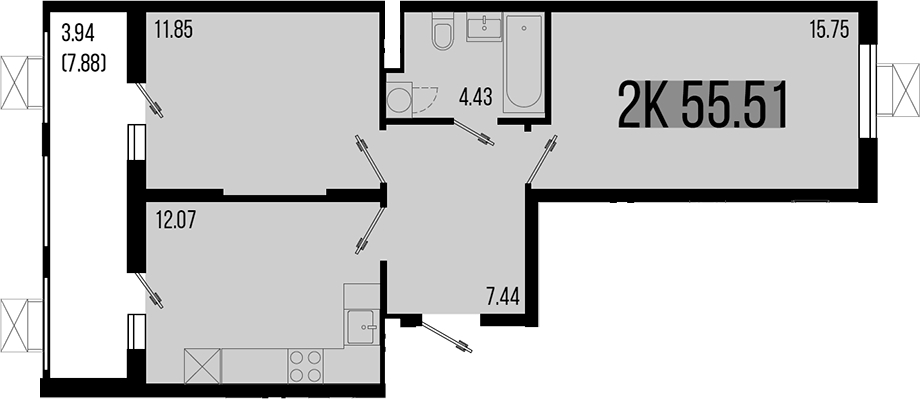 2-комн., 51.57 м², 3/8 этаж, ЖК «Цветной бульвар»