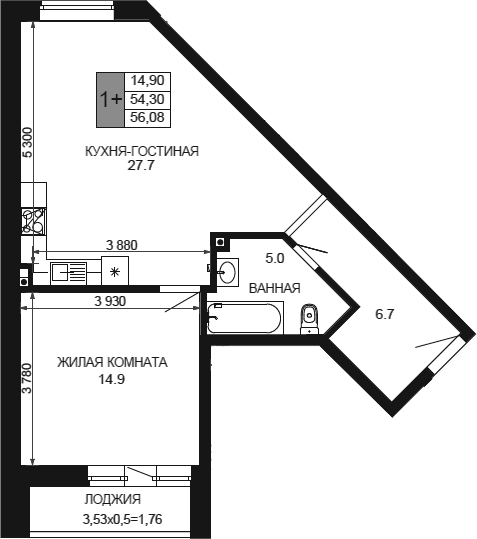 2-комн., 54.32 м², 1/12 этаж, ЖК «Сегодня»