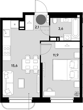 2-комн., 33.2 м², 15/18 этаж, ЖК «Грейд»