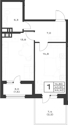 Продается 1-комн. квартира, 40.7 м²