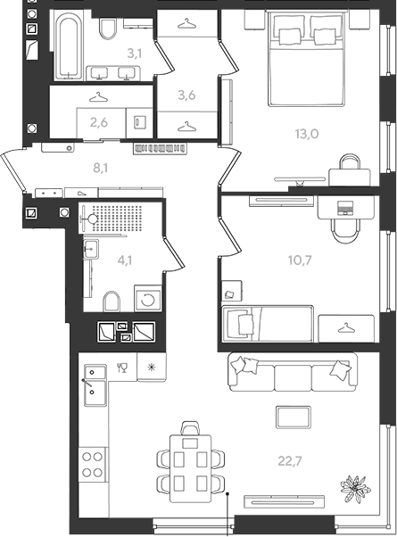 2-комн., 67.9 м², 3/18 этаж, ЖК «Самолет»