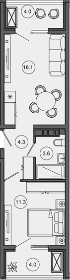 2-комн., 35.3 м², 10/10 этаж, ЖК «Гостиничный комплекс GREENMONT»