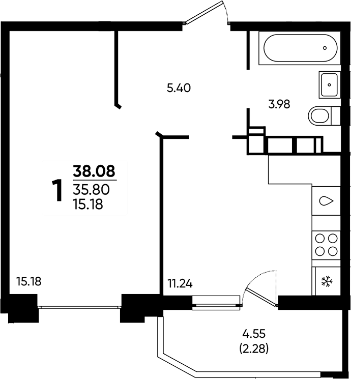 1-комн., 35.8 м², 15/22 этаж, ЖК «Достояние»