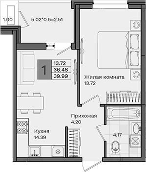 1-комн., 36.48 м², 6/8 этаж, ЖК «МОНО квартал»