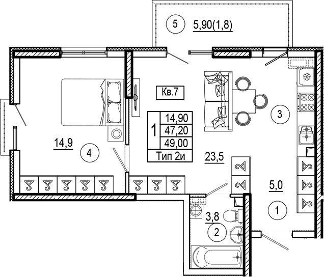 1-комн., 47.2 м², 1/7 этаж, ЖК «Аnapolis Residence»