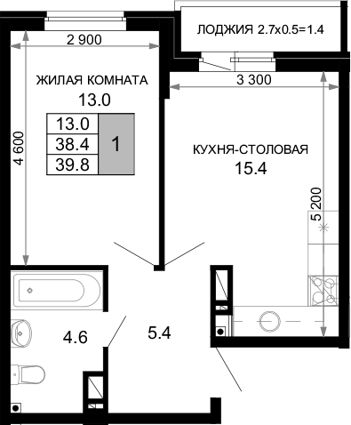 2-комн., 38.4 м², 6/16 этаж, ЖК «Дыхание»