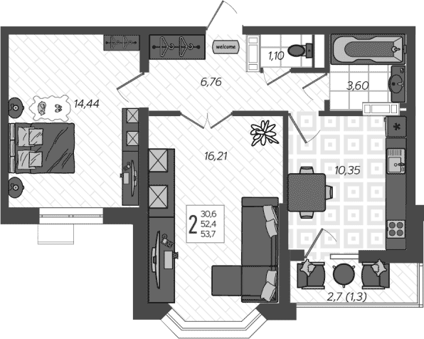 2-комн., 52.3 м², 1/9 этаж, ЖК «AVAnta»