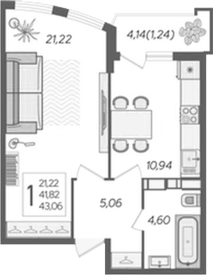 1-комн., 40.76 м², 7/20 этаж, ЖК «Альфа. АСК»