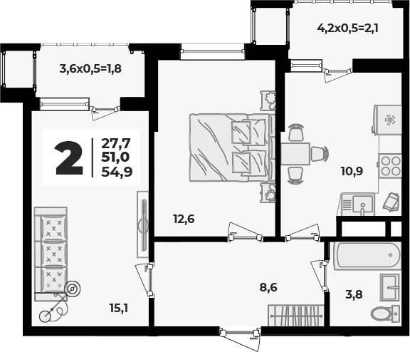 2-комн., 51 м², 7/8 этаж, ЖК «Родной дом 5»