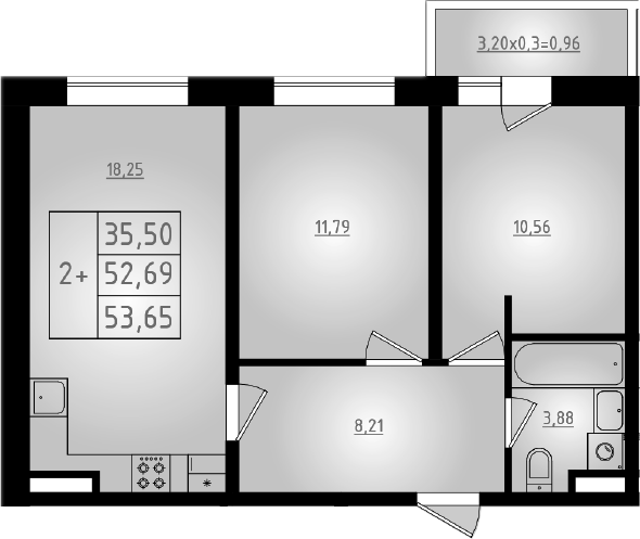 3-комн., 52.69 м², 6/8 этаж, ЖК «Мега 2»