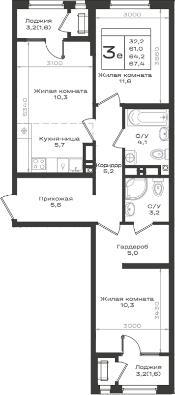 3-комн., 61 м², 12/12 этаж, ЖК «Нагория»