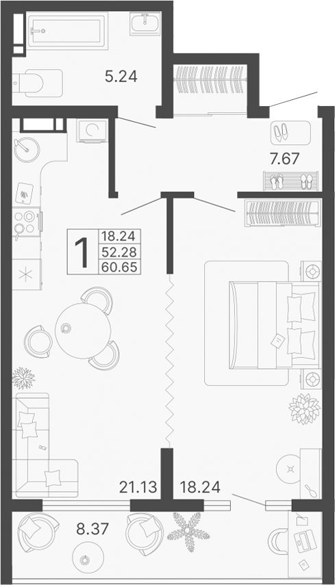 1-комн., 52.28 м², 15/20 этаж, ЖК «Светский лес»