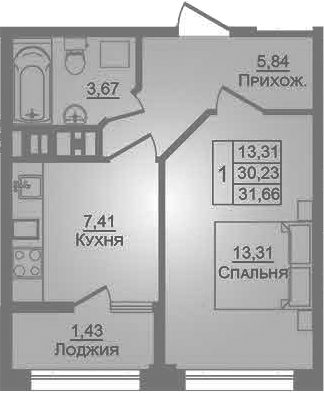 1-комн., 30.23 м², 5/9 этаж, ЖК «Портрет»