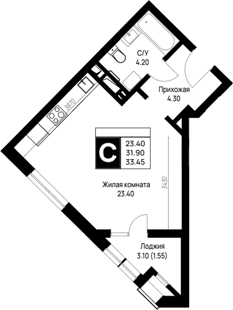 Студия, 31.9 м², 12/12 этаж, ЖК «На высоком берегу»
