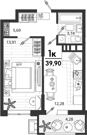 1-комн., 35.62 м², 8/9 этаж, ЖК «Родные Просторы»