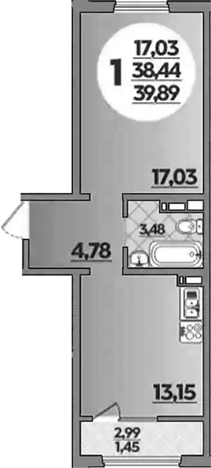 1-комн., 38.44 м², 4/8 этаж, ЖК «Молодежный 2»