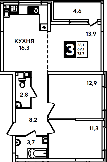 3-комн., 69.1 м², 3/16 этаж, ЖК «Самолет»